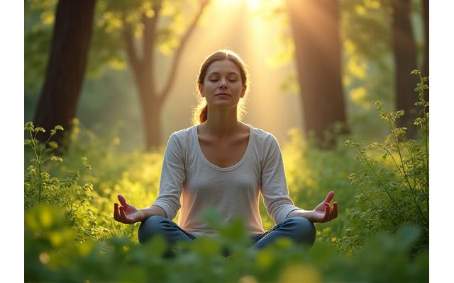 Woman meditating in a serene forest, practicing mindfulness