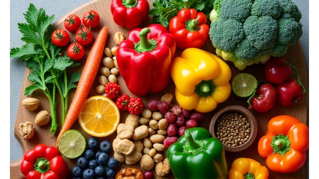 A colorful array of plant-based foods, fresh and vibrant