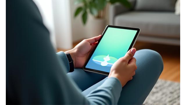 Person looking relaxed while using a meditation app on a tablet, showcasing mindful tech use