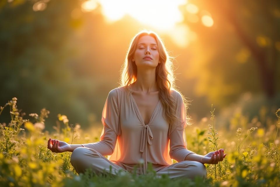A woman in a serene pose meditating outdoors, symbolizing wellness and peace.